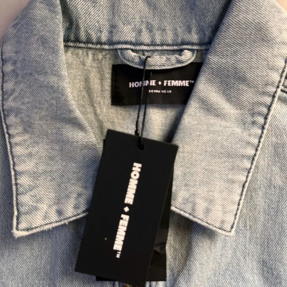 NWT Homme + Femme Light Wash distressed denim Work jacket Sz S Full zip